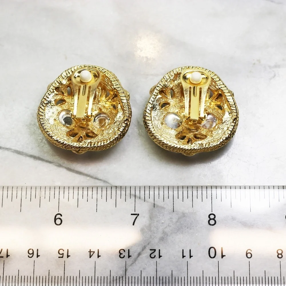 Earrings ~ Gold w/ Colorful Round Cabochons & Teardrop Crystals Clip-on Vintage